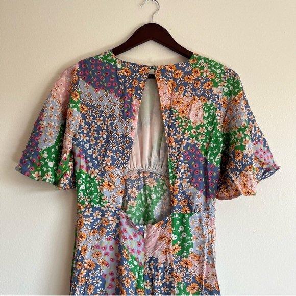 Topshop Austin Floral Print Multicolored Angle Sleeve Open Back Dress Size 4 - Picture 10 of 14